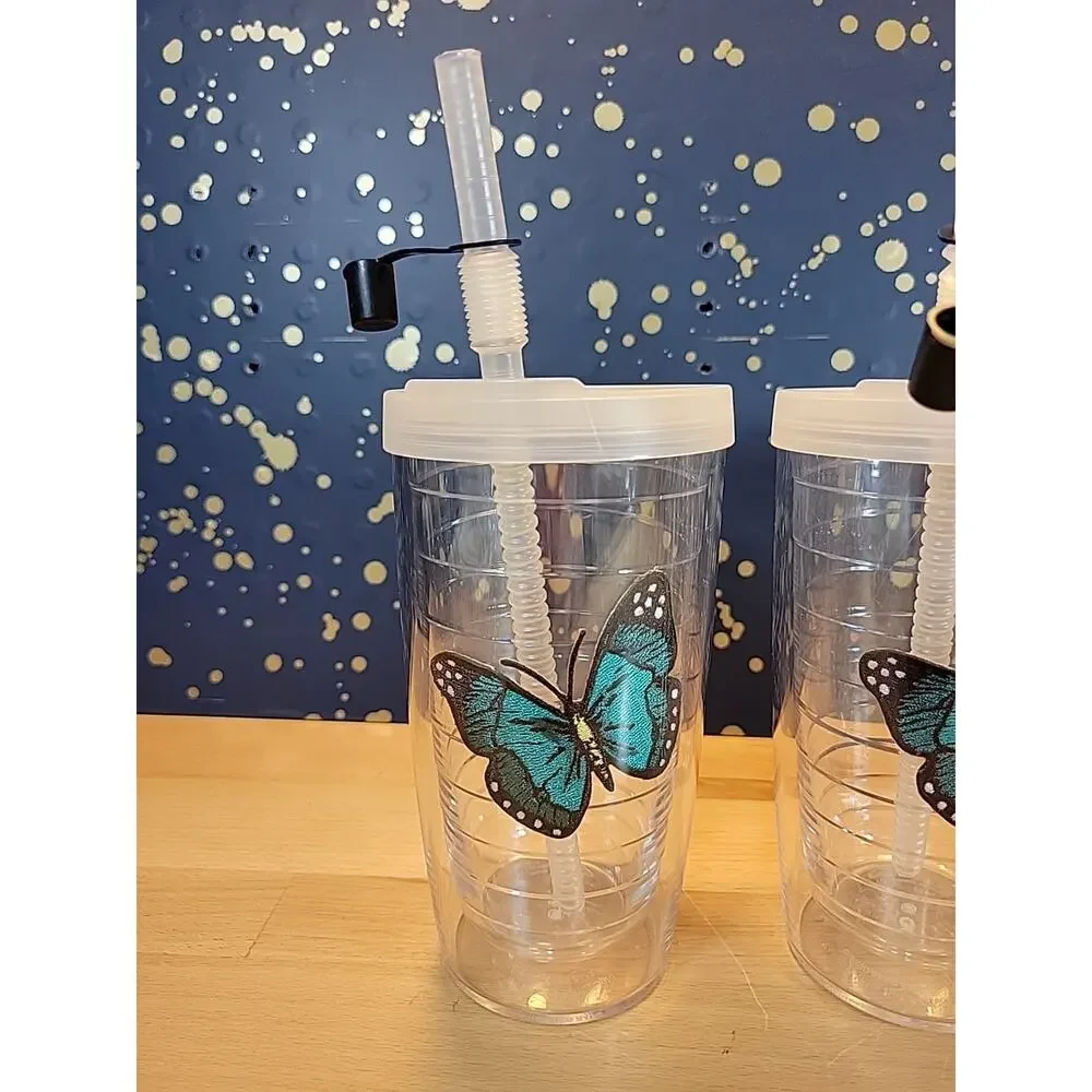 Tervis tumblers (Set of 4) Blue Butterfly 16 oz w/ lids and straws Insulated